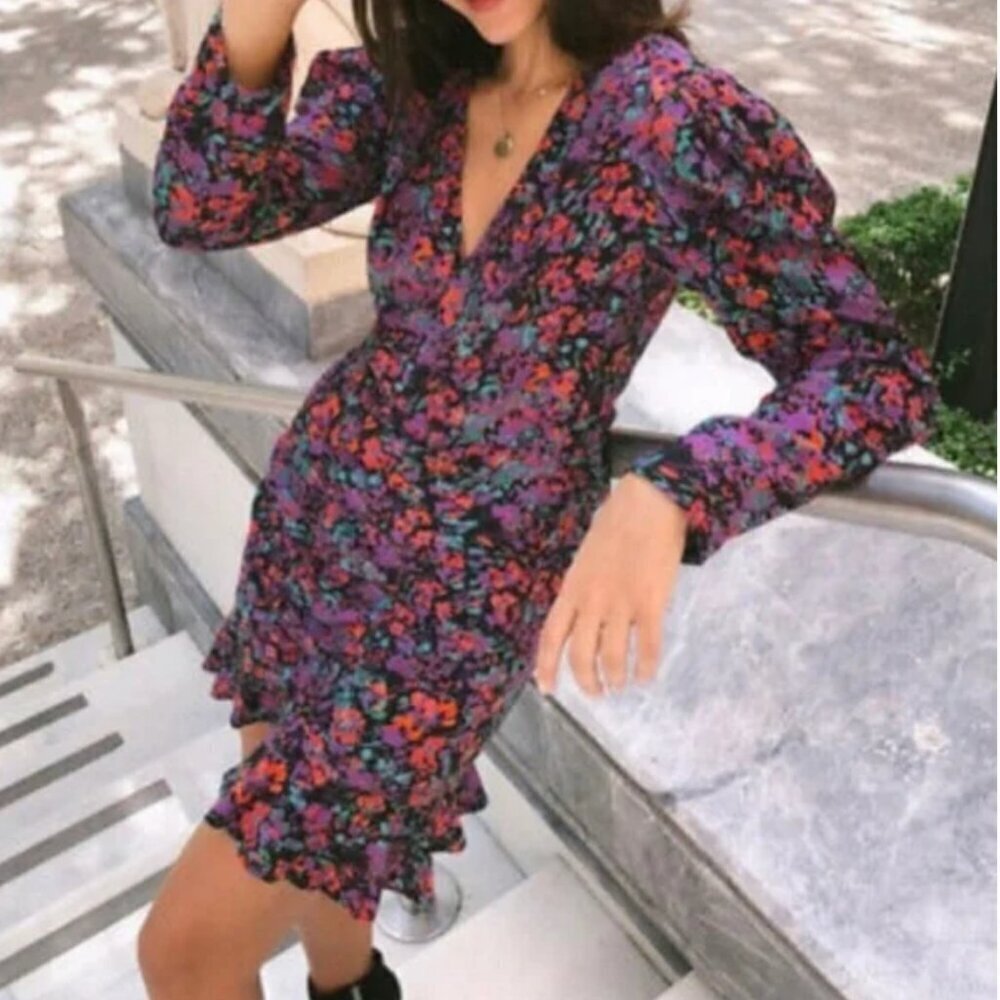Zara Floral Gathered Ruched Ruffle Dress